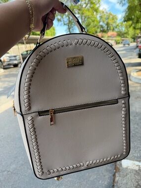 Badgley Mischka Cream Textured Backpack with Braided Trim & Gold Hardware